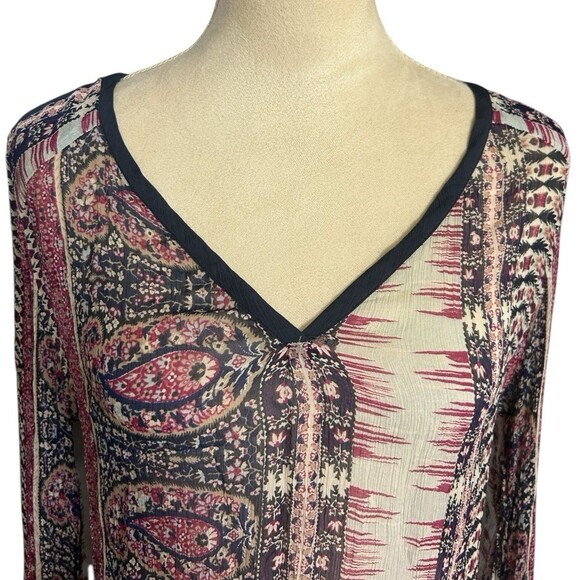 Lucky Brand Womens Concord Paisley Boho Gypsy Sheer V Neck Blouse Sz S ? - Picture 3 of 8